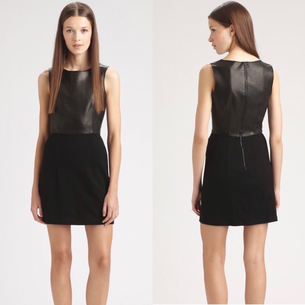 THEORY Tirionne Black Leather Jersey Combo Mini Sheath Dress Women’s Size 2